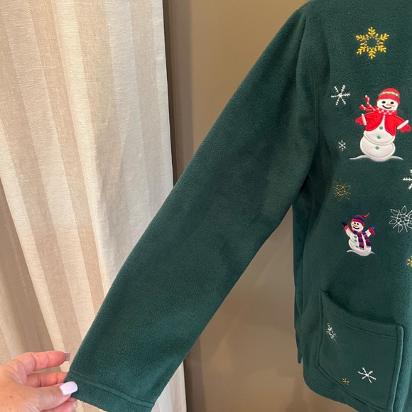 Bobbi Brooks Forest Green Snowman Christmas Fleece Cardigan, Size Large - Picture 7 of 11